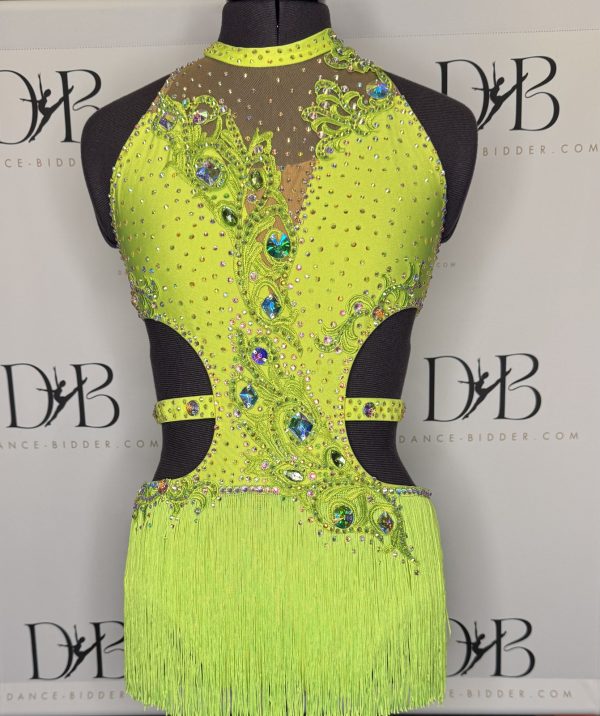 Lime Green Fringe & Rhinestone Dance Costume (REF-15)